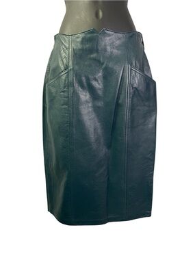 Suzelle Vintage Peacock Blue Leather Pencil Skirt Size 8 Pockets Vented NEW